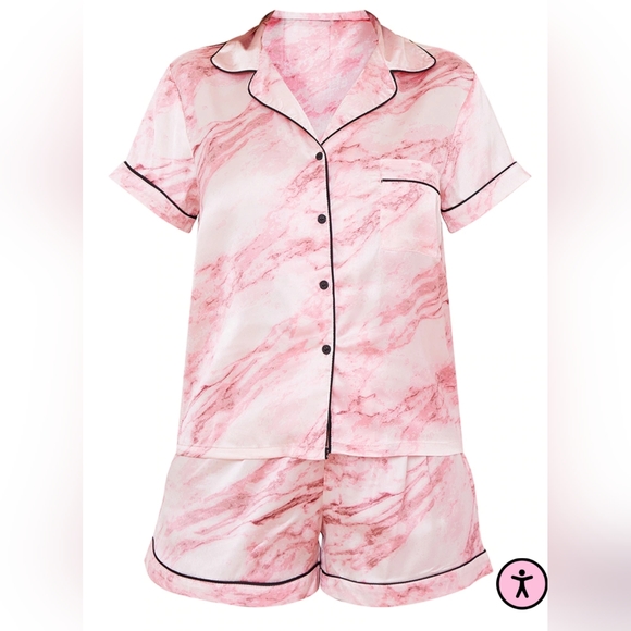Pretty Little Thing Pink Marble Print Satin Short PJ Set, Small - Picture 4 of 6